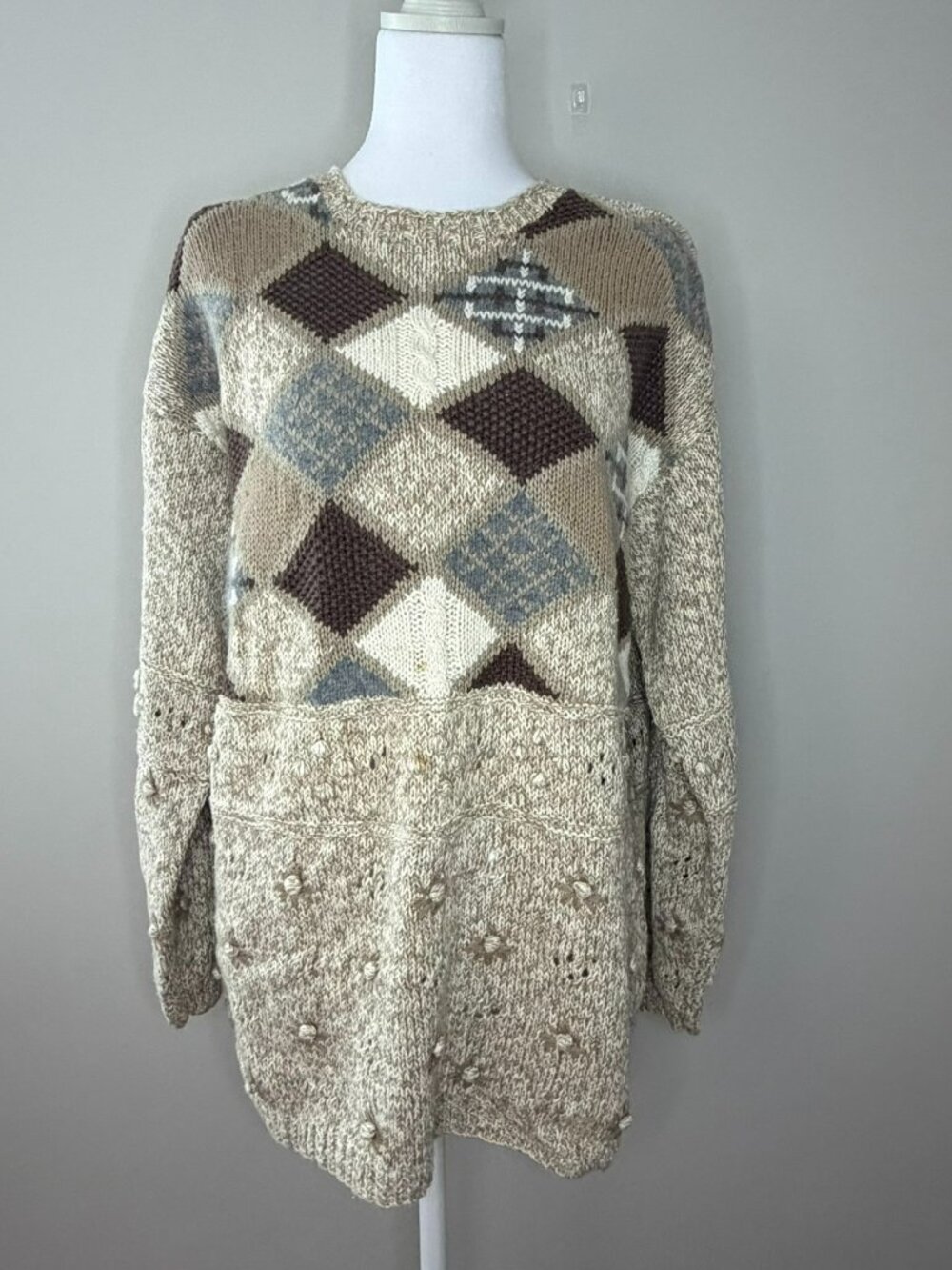 Vintage Talbots Hand Knitted Argyle Sweater Medium Ramie Cotton Chunky Knit